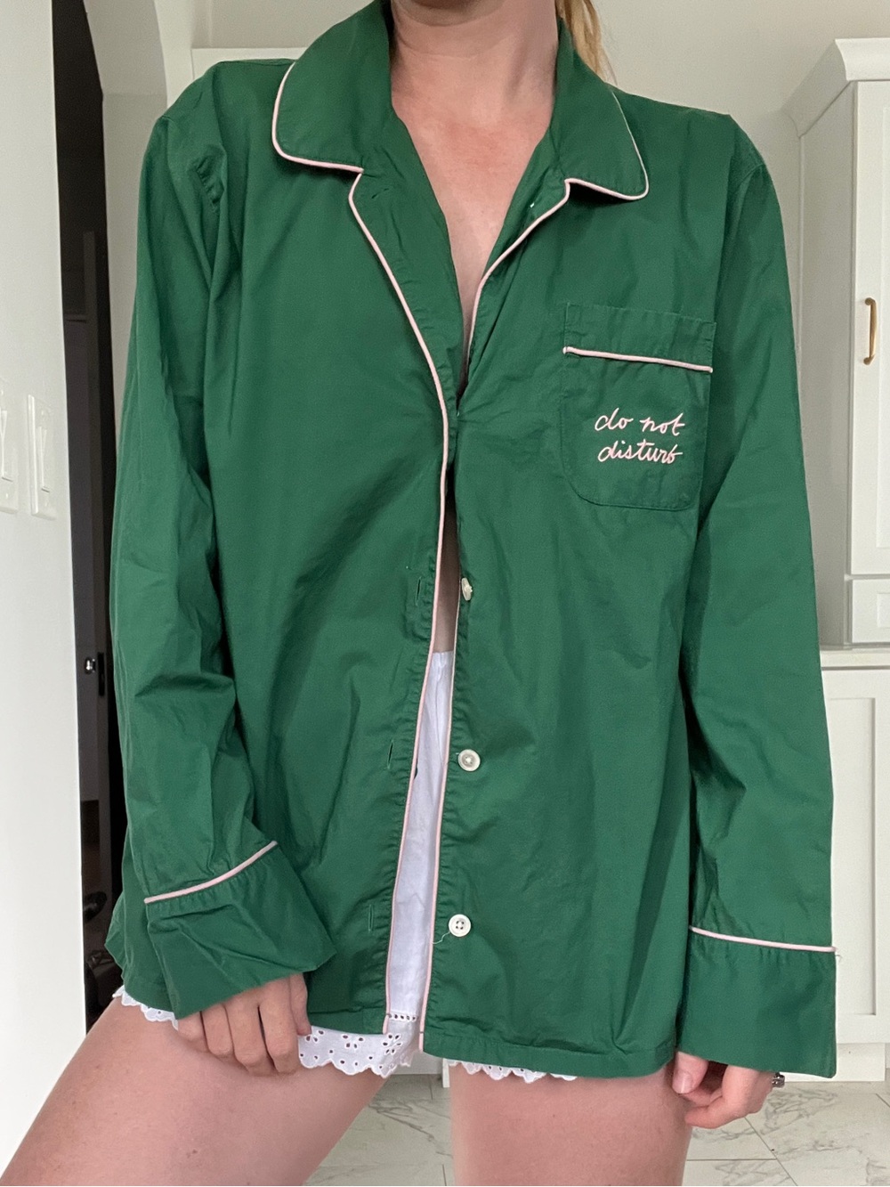 J-Crew Green 'Do Not Disturb' Pajama Top with pink Piping
